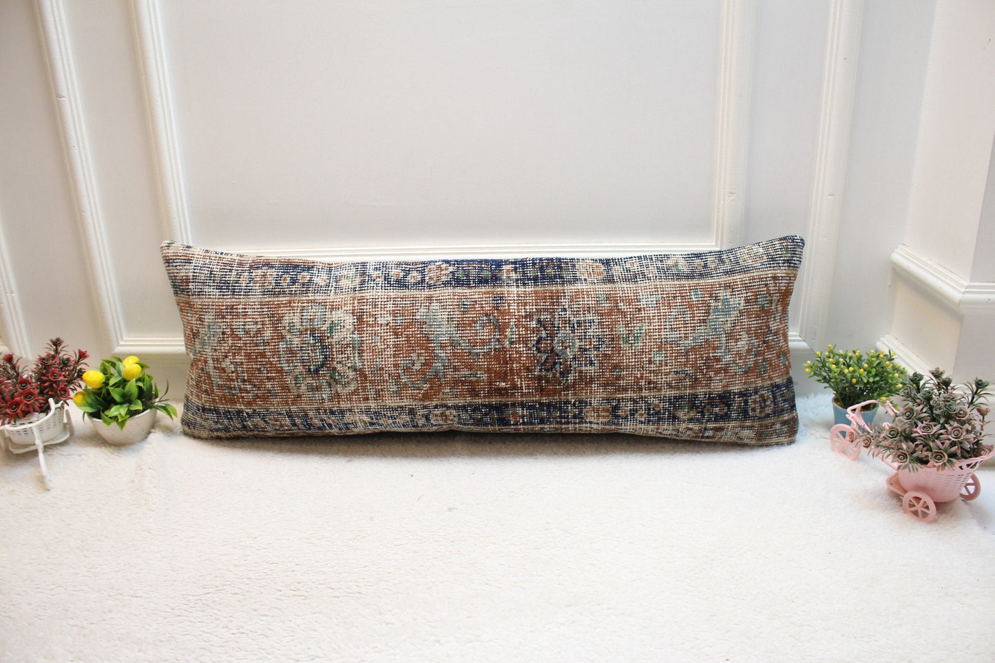 Vintage Turkish Rug Pillow Cover: Blue & Brown Wool Lumbar Pillow (12x36)