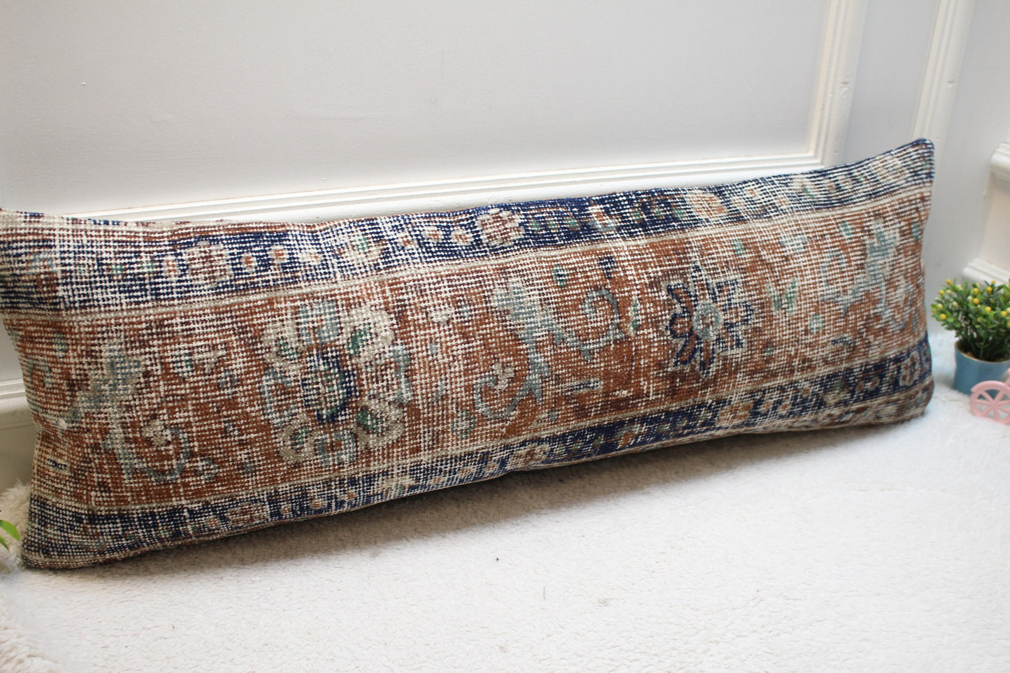 Vintage Turkish Rug Pillow Cover: Blue & Brown Wool Lumbar Pillow (12x36)