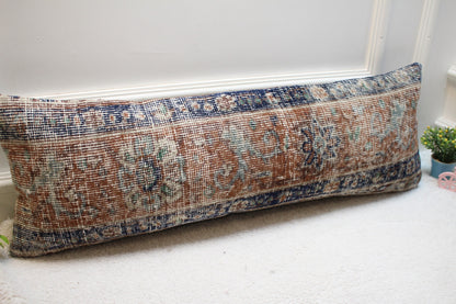 Vintage Turkish Rug Pillow Cover: Blue & Brown Wool Lumbar Pillow (12x36)