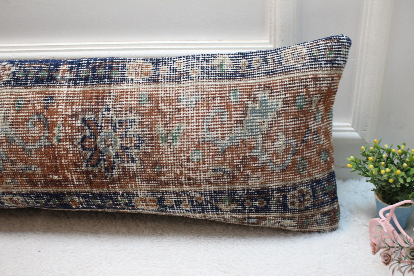 Vintage Turkish Rug Pillow Cover: Blue & Brown Wool Lumbar Pillow (12x36)