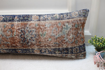 Vintage Turkish Rug Pillow Cover: Blue & Brown Wool Lumbar Pillow (12x36)