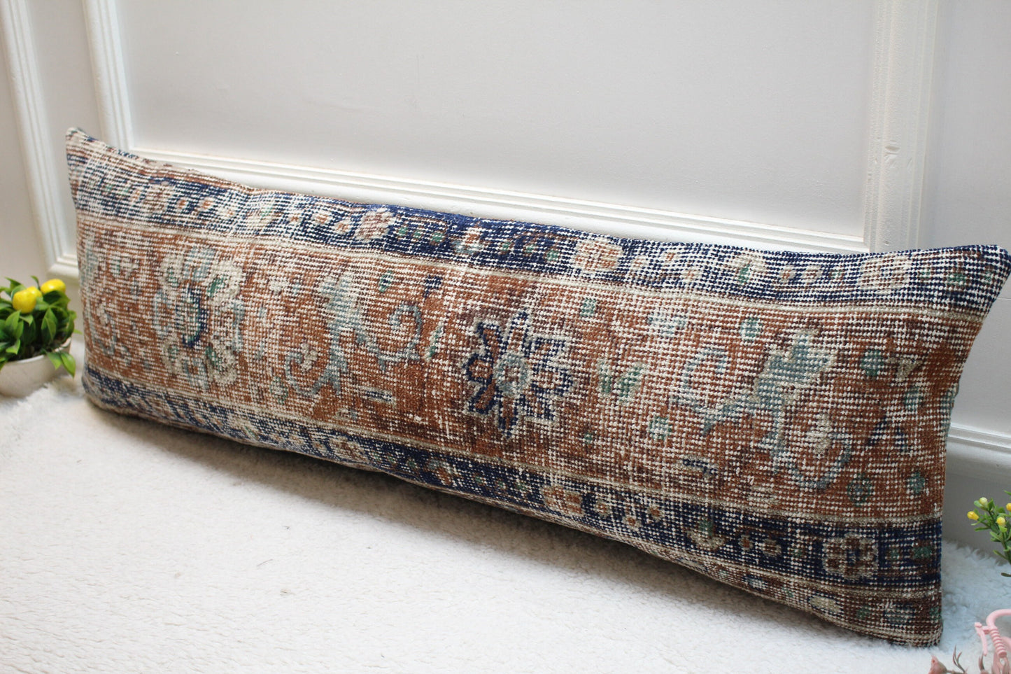 Vintage Turkish Rug Pillow Cover: Blue & Brown Wool Lumbar Pillow (12x36)