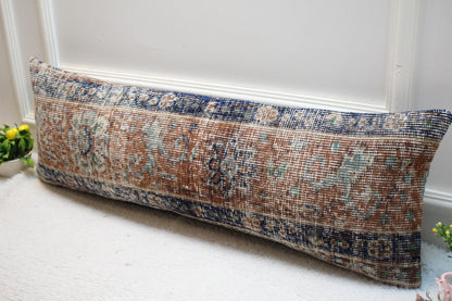 Vintage Turkish Rug Pillow Cover: Blue & Brown Wool Lumbar Pillow (12x36)