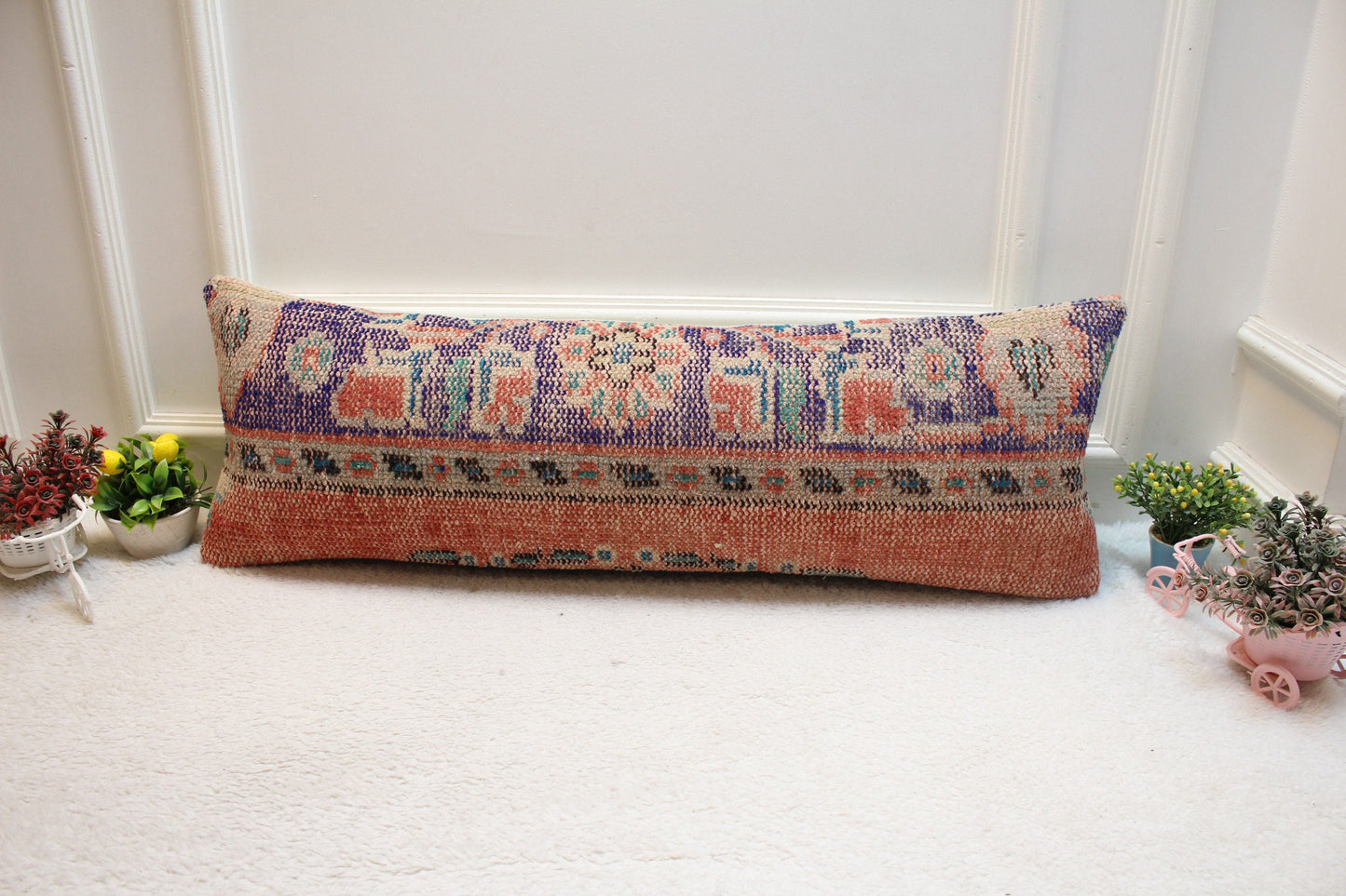 Handmade Turkish Rug Pillow: Organic Wool Lumbar Pillow Cover (12x36 in)