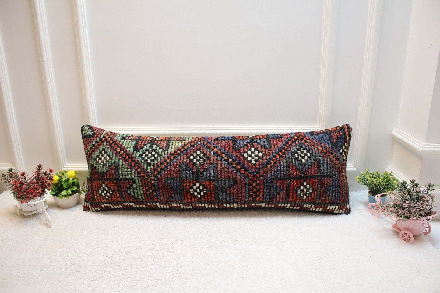 Handmade Geometric Kilim Lumbar Pillow Cover: Upcycled Vintage Rug (12x36 in)