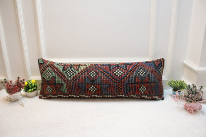 Handmade Geometric Kilim Lumbar Pillow Cover: Upcycled Vintage Rug (12x36 in)