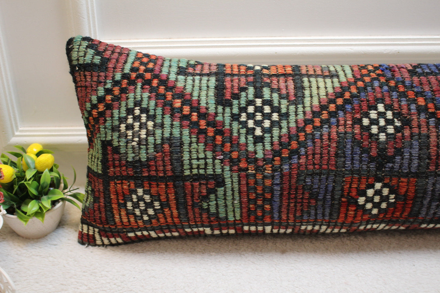 Handmade Geometric Kilim Lumbar Pillow Cover: Upcycled Vintage Rug (12x36 in)