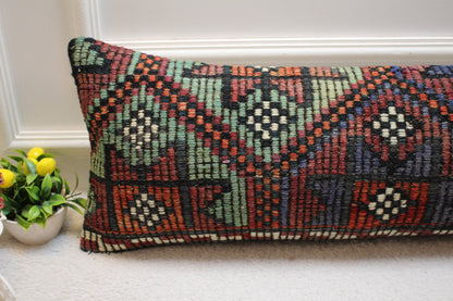 Handmade Geometric Kilim Lumbar Pillow Cover: Upcycled Vintage Rug (12x36 in)