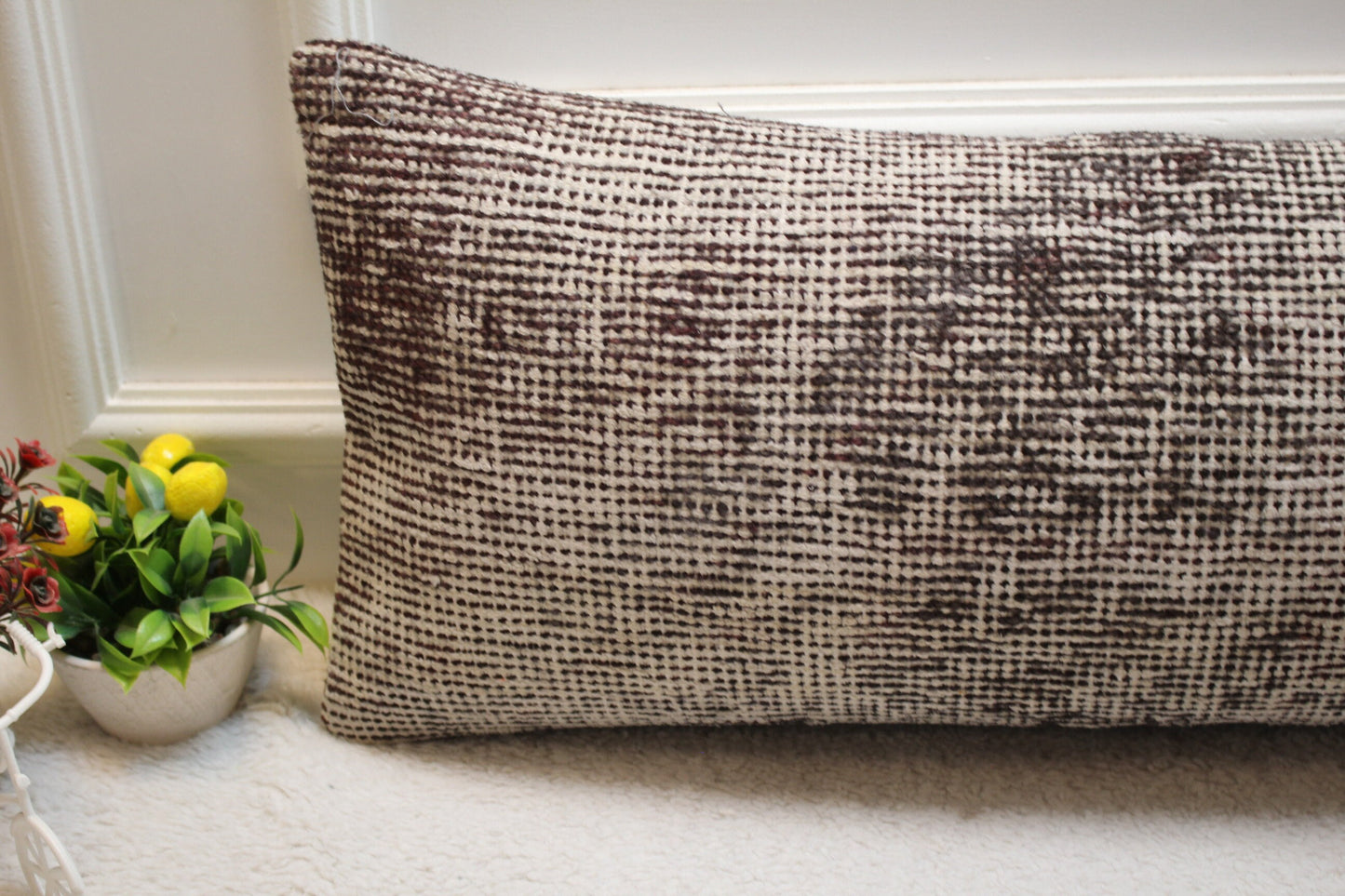 Handmade Kilim Pillow Cover: Upcycled Woven Rug, Bohemian Decor (12x36 inc.)