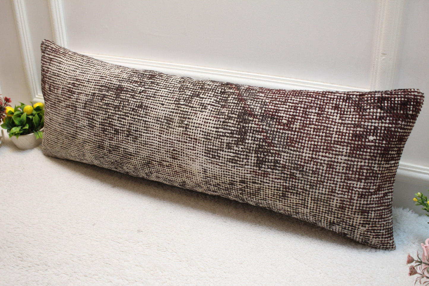 Handmade Kilim Pillow Cover: Upcycled Woven Rug, Bohemian Decor (12x36 inc.)