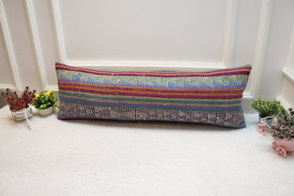 Vintage Blue Kilim Lumbar Pillow Cover: 12x36 Handwoven Wool