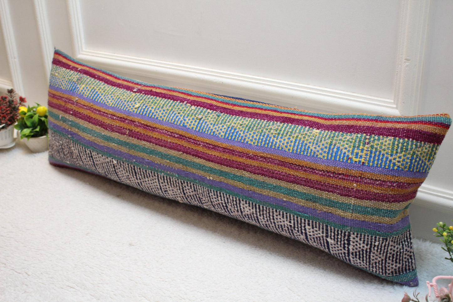 Vintage Blue Kilim Lumbar Pillow Cover: 12x36 Handwoven Wool