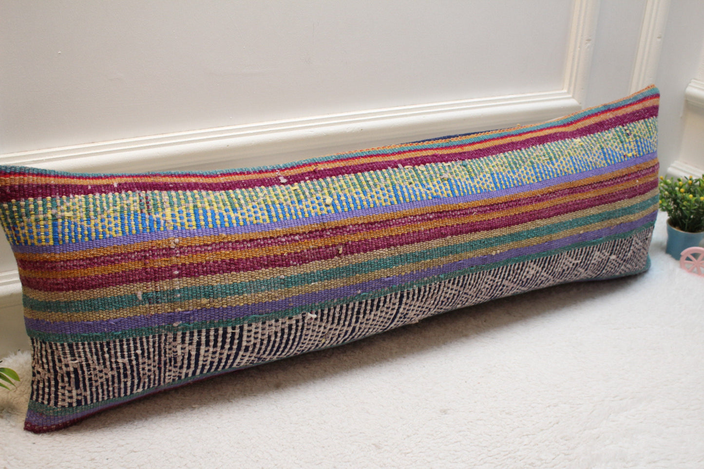 Vintage Blue Kilim Lumbar Pillow Cover: 12x36 Handwoven Wool