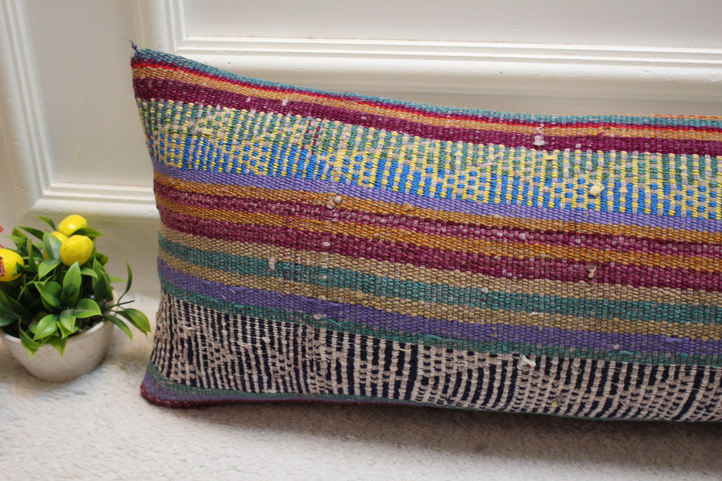 Vintage Blue Kilim Lumbar Pillow Cover: 12x36 Handwoven Wool