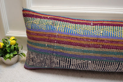 Vintage Blue Kilim Lumbar Pillow Cover: 12x36 Handwoven Wool