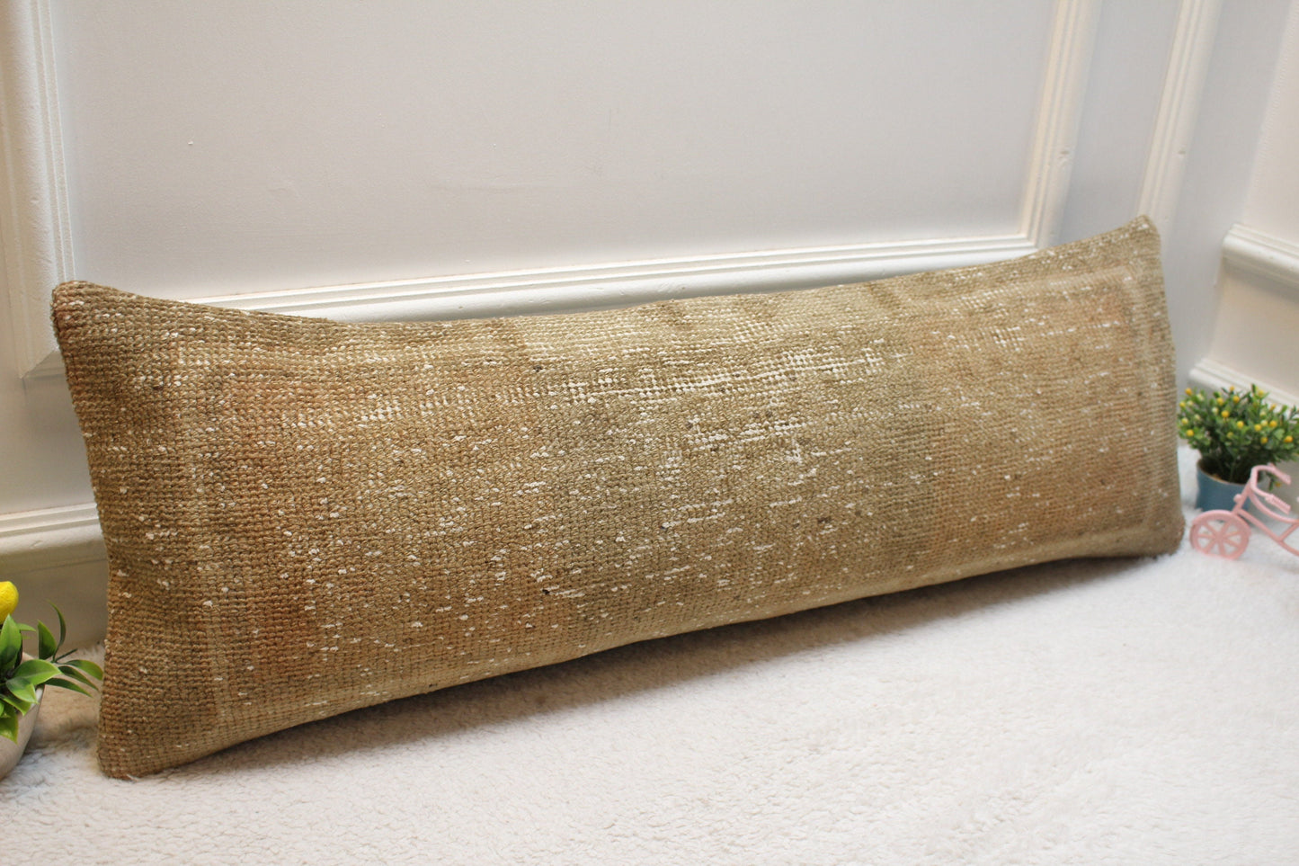 Brown Turkish Rug Pillow: Vintage Woven Lumbar Pillow Cover (12x36 in)