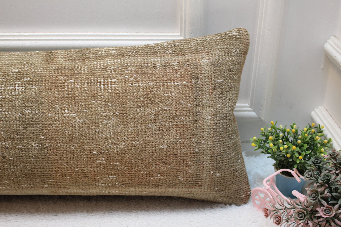 Brown Turkish Rug Pillow: Vintage Woven Lumbar Pillow Cover (12x36 in)