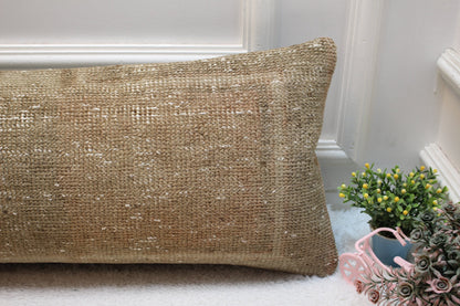 Brown Turkish Rug Pillow: Vintage Woven Lumbar Pillow Cover (12x36 in)