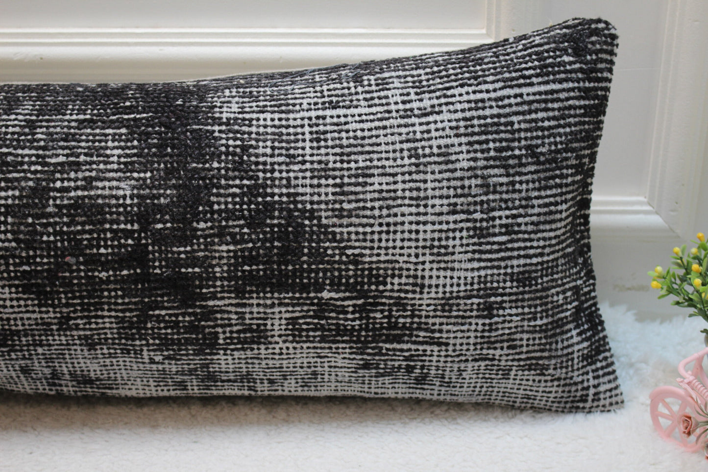Gray Turkish Rug Pillow Cover: Long Lumbar, Upcycled Wool (12x36 in)