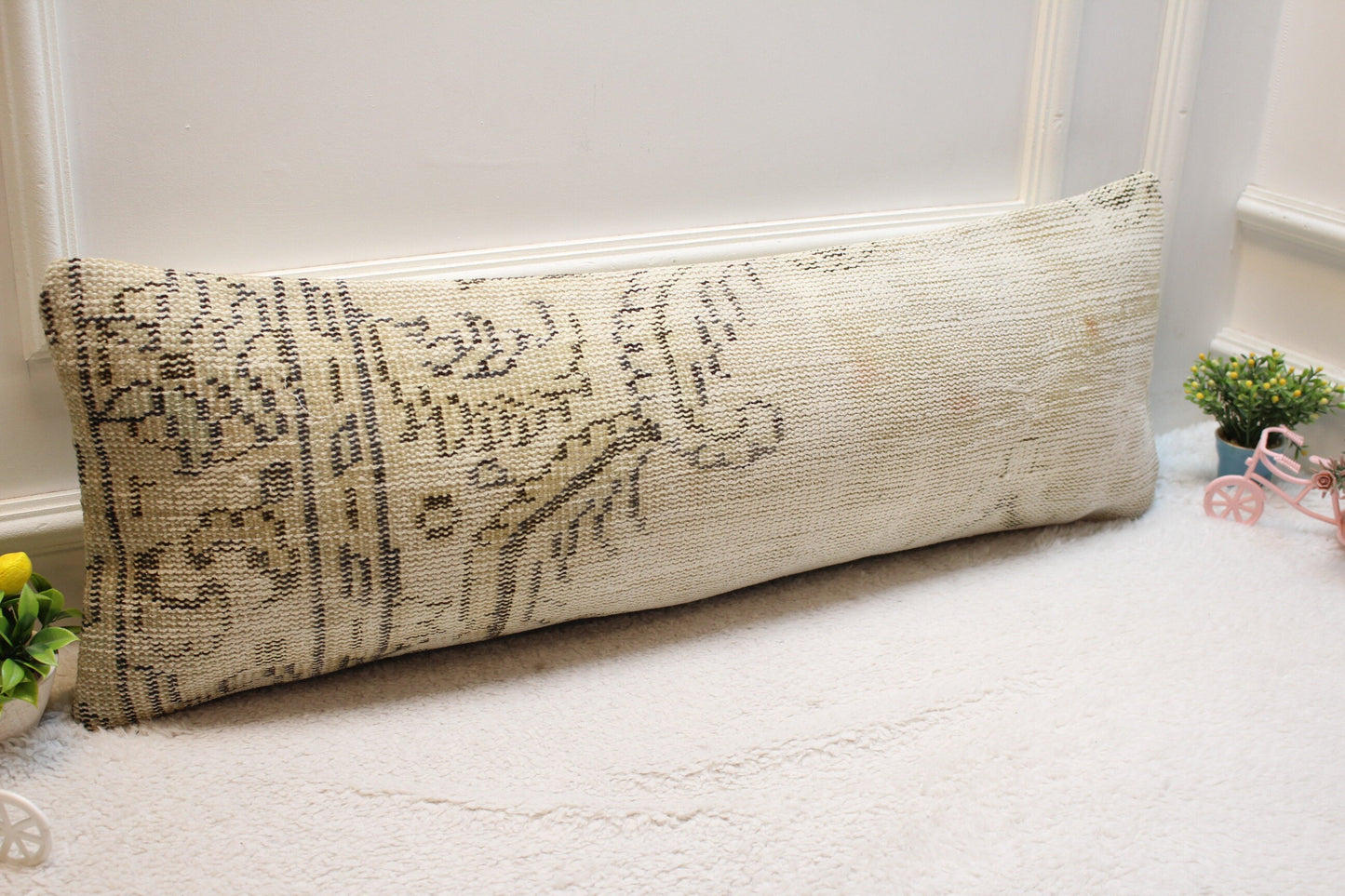 Beige Floral Turkish Rug Pillow: Handmade Lumbar Pillow Cover (12x36 in)