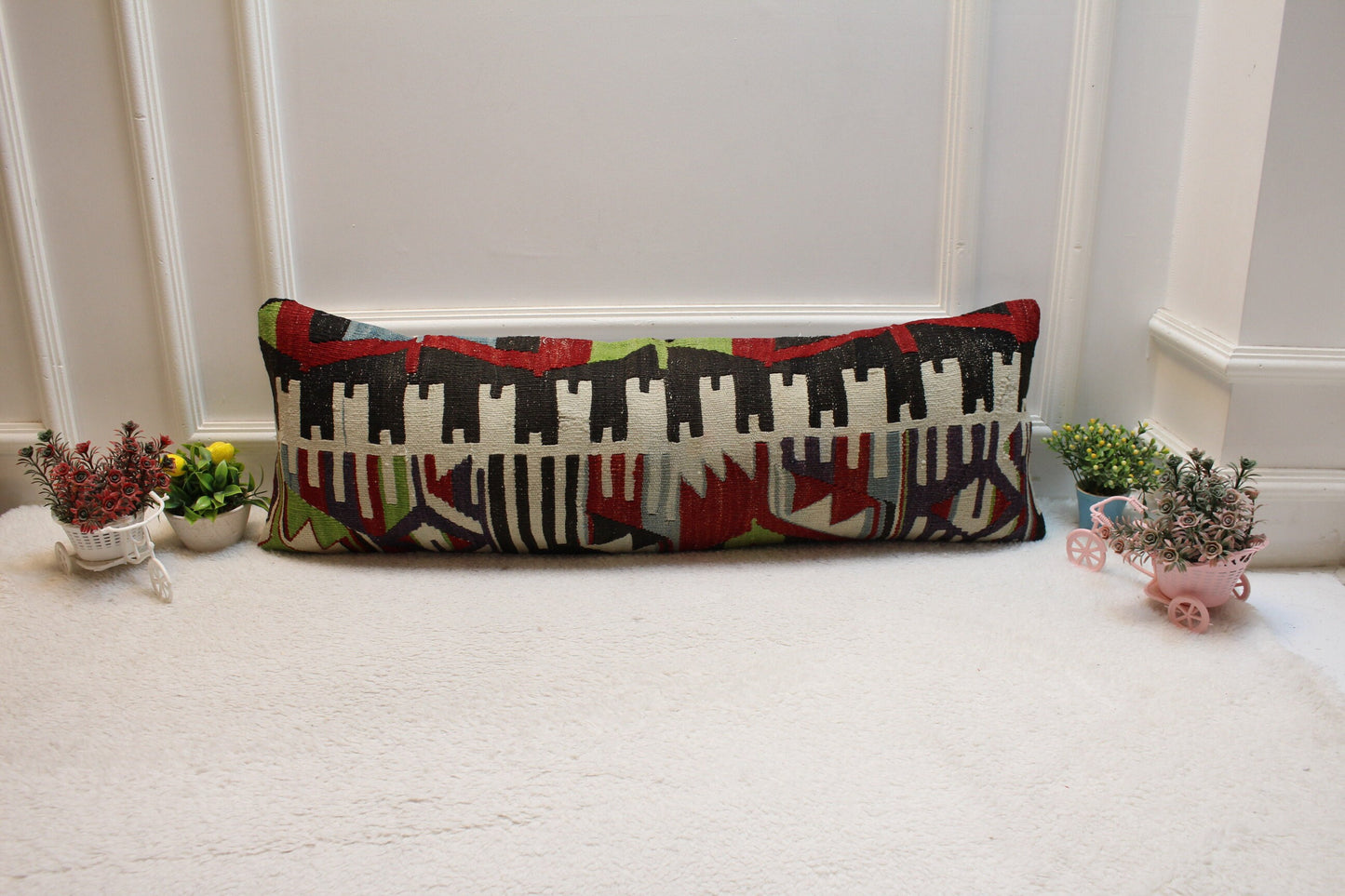 Geometric Kilim Lumbar Pillow Cover: Handmade Woven Rug, 12x36 inch