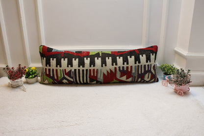 Geometric Kilim Lumbar Pillow Cover: Handmade Woven Rug, 12x36 inch