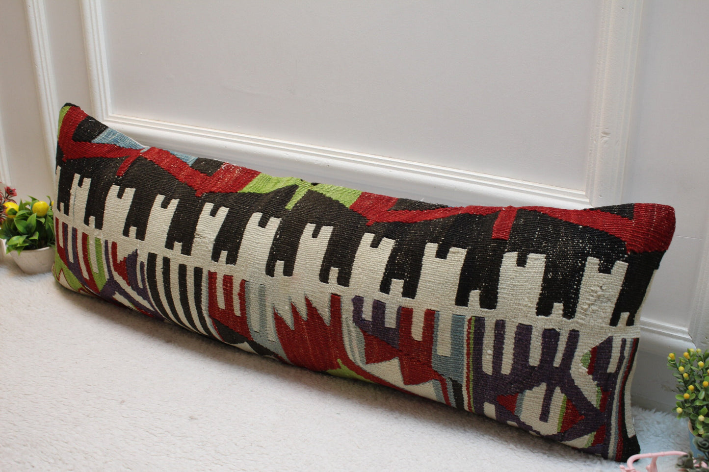 Geometric Kilim Lumbar Pillow Cover: Handmade Woven Rug, 12x36 inch