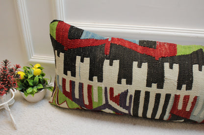 Geometric Kilim Lumbar Pillow Cover: Handmade Woven Rug, 12x36 inch