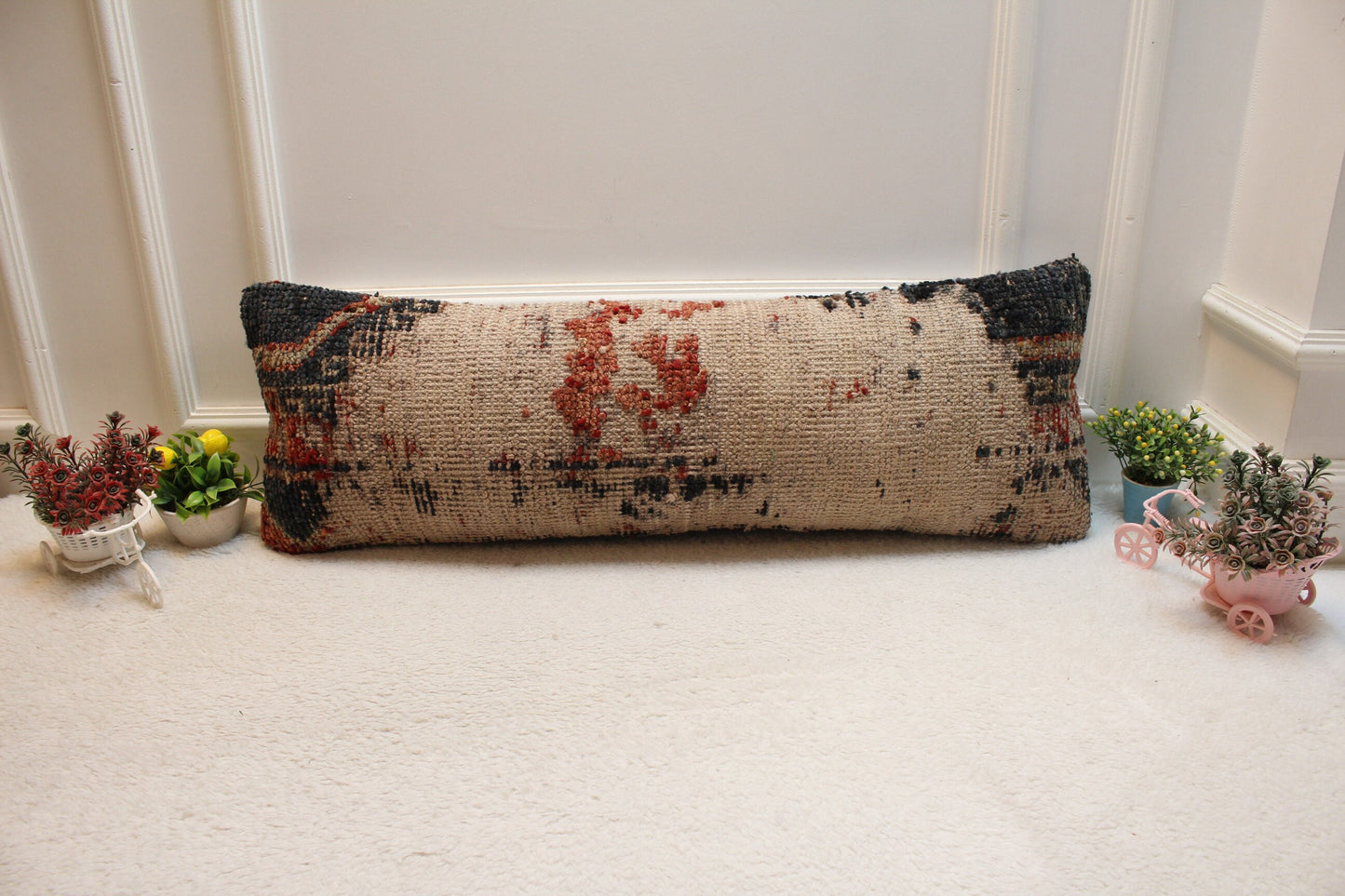 Handmade Kilim Lumbar Pillow Cover: Beige Woven Rug Pillow, 12x36