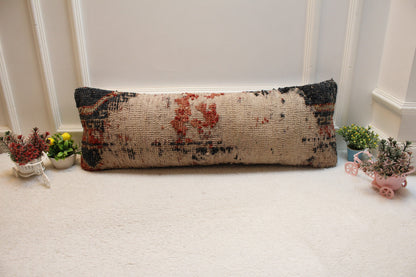 Handmade Kilim Lumbar Pillow Cover: Beige Woven Rug Pillow, 12x36