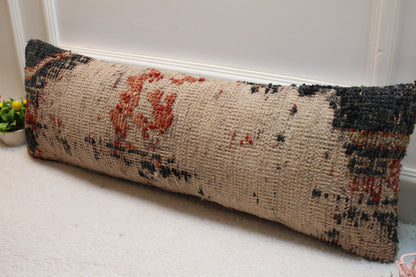 Handmade Kilim Lumbar Pillow Cover: Beige Woven Rug Pillow, 12x36