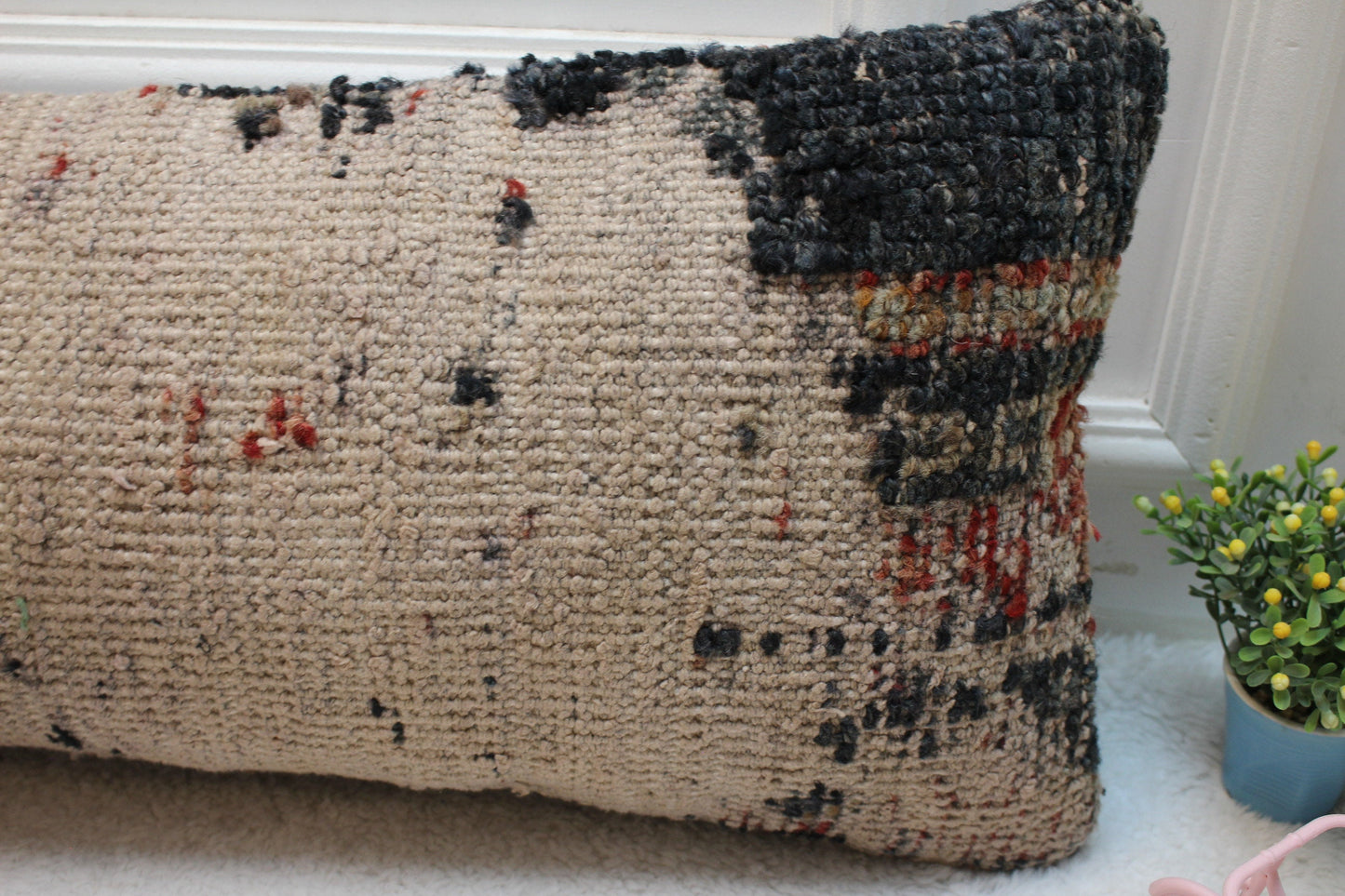 Handmade Kilim Lumbar Pillow Cover: Beige Woven Rug Pillow, 12x36
