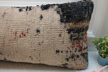 Handmade Kilim Lumbar Pillow Cover: Beige Woven Rug Pillow, 12x36