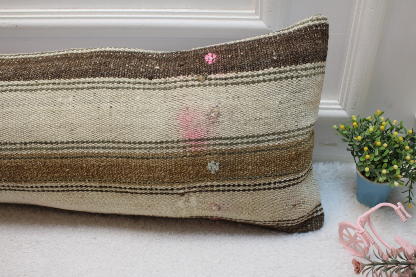 Striped Kilim Lumbar Pillow Cover: Beige & Brown, 12x36 inch
