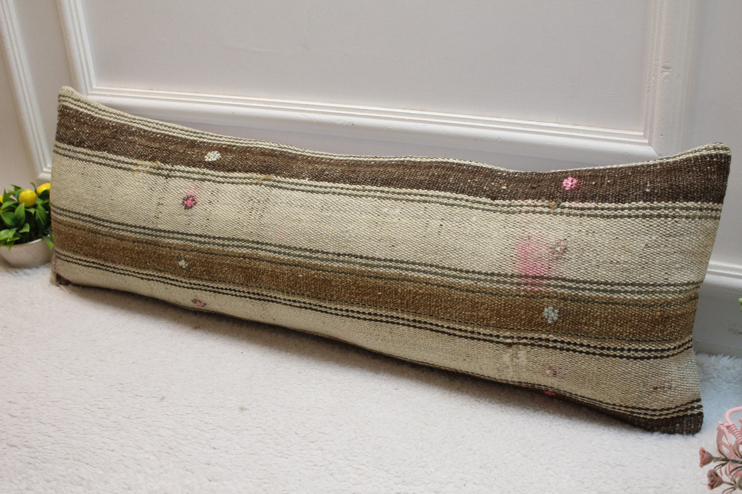 Striped Kilim Lumbar Pillow Cover: Beige & Brown, 12x36 inch
