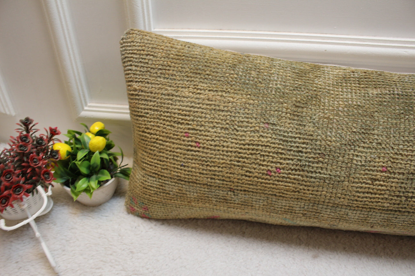 Beige Vintage Turkish Rug Pillow Cover: Handmade Wool Lumbar Pillow (12x36 in)
