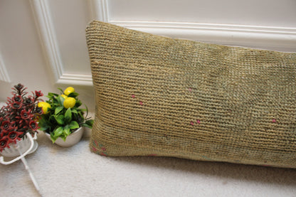 Beige Vintage Turkish Rug Pillow Cover: Handmade Wool Lumbar Pillow (12x36 in)