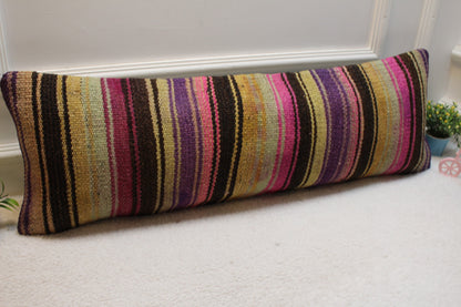 Striped Kilim Pillow Cover: Handmade Organic Wool, Purple Beige Black (12x36 in)