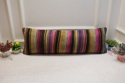 Striped Kilim Pillow Cover: Handmade Organic Wool, Purple Beige Black (12x36 in)