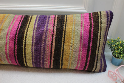 Striped Kilim Pillow Cover: Handmade Organic Wool, Purple Beige Black (12x36 in)