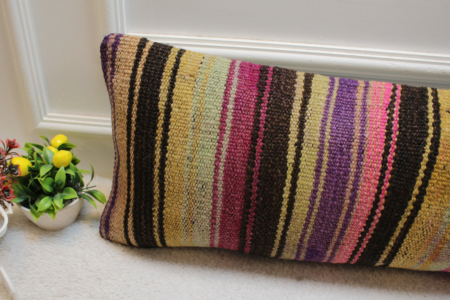Striped Kilim Pillow Cover: Handmade Organic Wool, Purple Beige Black (12x36 in)