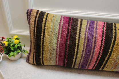 Striped Kilim Pillow Cover: Handmade Organic Wool, Purple Beige Black (12x36 in)