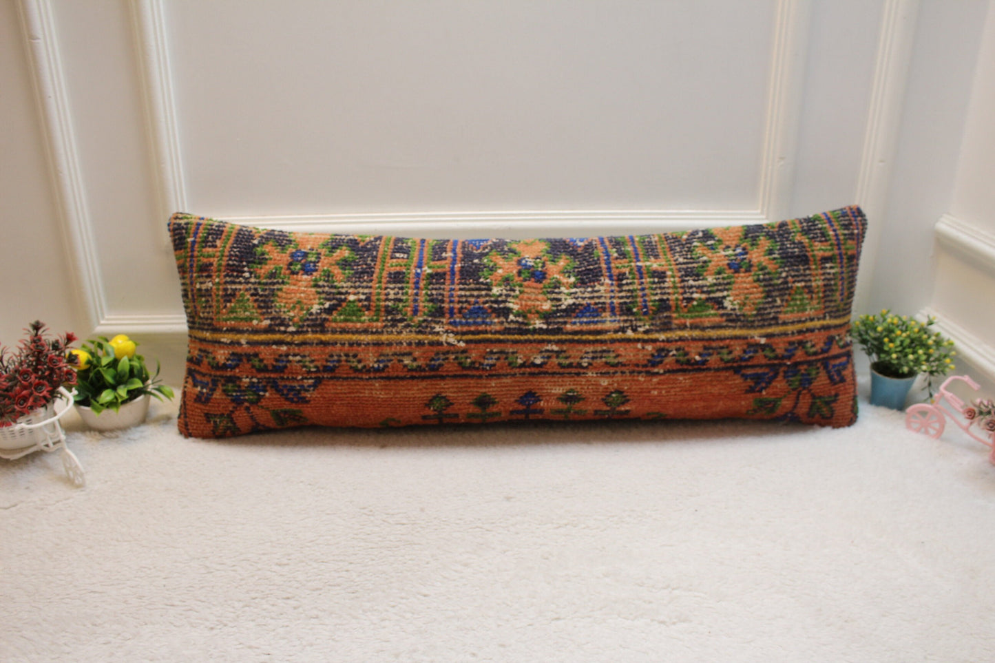 Handmade Geometric Turkish Rug Pillow: 12x36 Lumbar Cover
