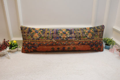 Handmade Geometric Turkish Rug Pillow: 12x36 Lumbar Cover