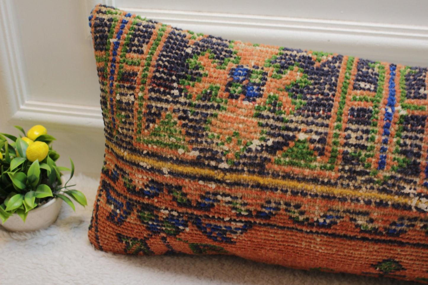 Handmade Geometric Turkish Rug Pillow: 12x36 Lumbar Cover