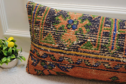 Handmade Geometric Turkish Rug Pillow: 12x36 Lumbar Cover