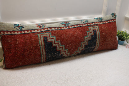 Handmade Kilim Pillow Cover (12x36 inch): Red & Black Boho Rug Pillow