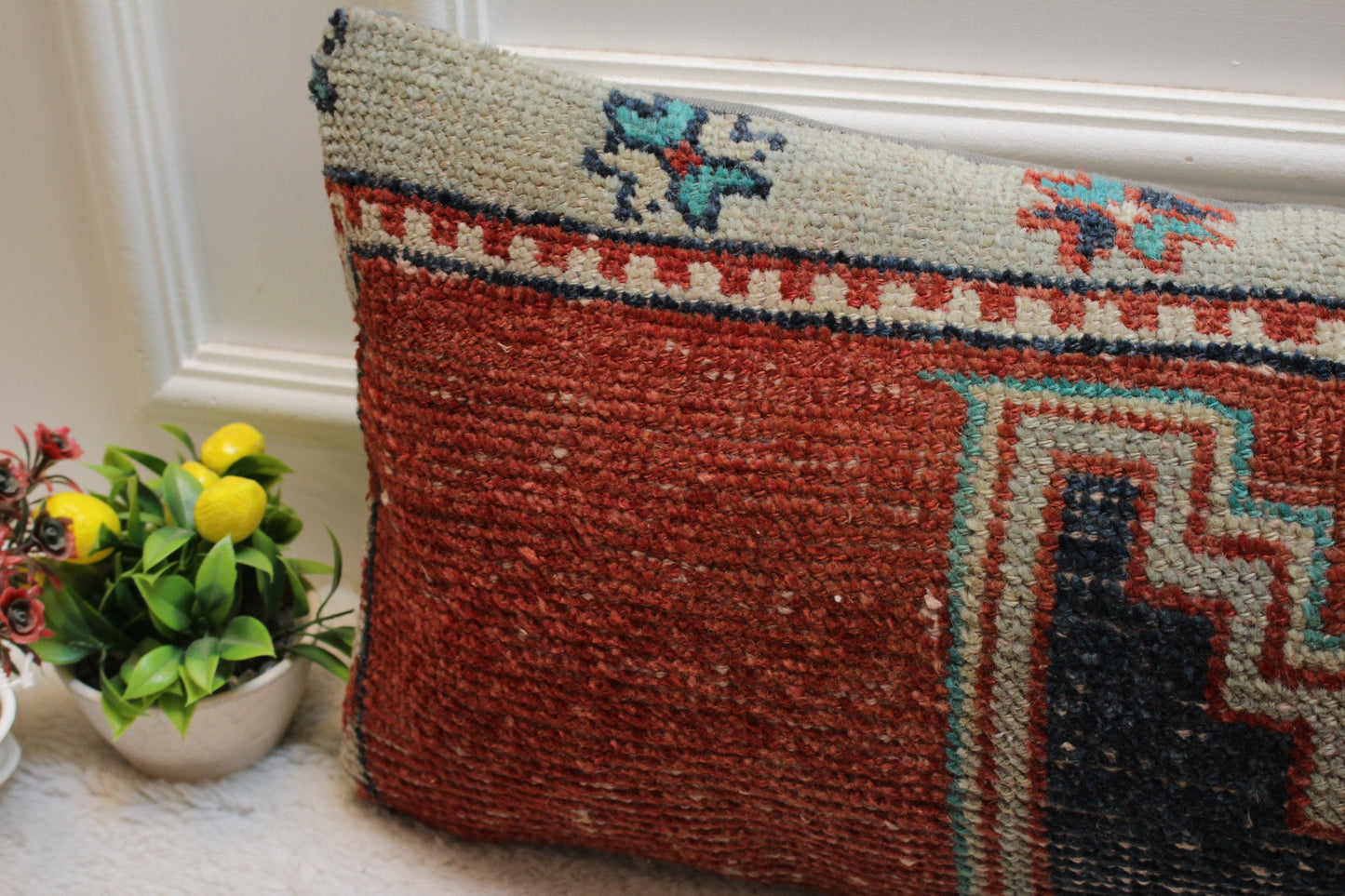 Handmade Kilim Pillow Cover (12x36 inch): Red & Black Boho Rug Pillow