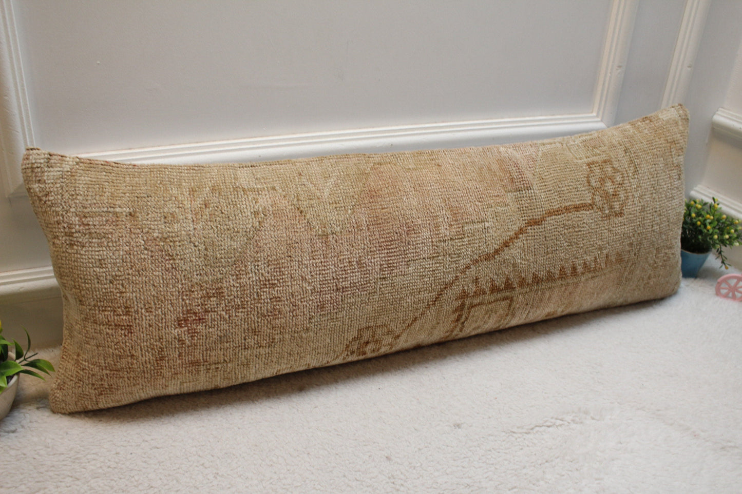 Handmade Vintage Turkish Rug Pillow Cover: Beige Brown Lumbar, 12x36 inch