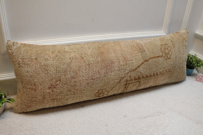 Handmade Vintage Turkish Rug Pillow Cover: Beige Brown Lumbar, 12x36 inch